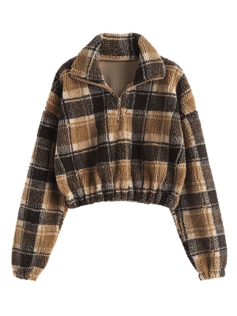 ZAFUL Women's Fashion Long Sleeve Lapel Half Zip Plain Faux Fur Sweatshirt Solid Color Crop Pullover Tops (1-Brown Plaid,L) - Image 1